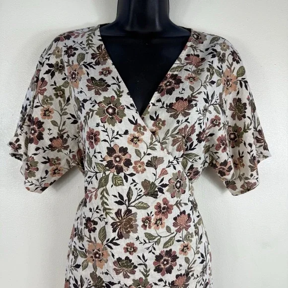 Faherty Willow V-neck Floral Print Linen Wrap Mini Dress size XXS Vacation NEW - Picture 4 of 14